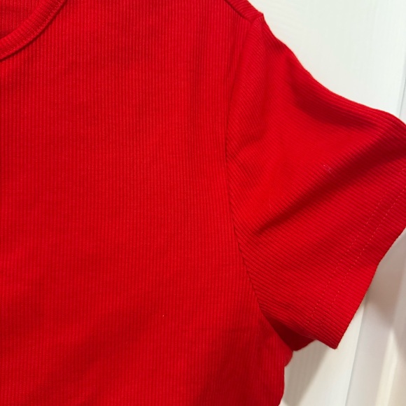 Red Ribbed Stretchy Cropped T-Shirt - Picture 5 of 10